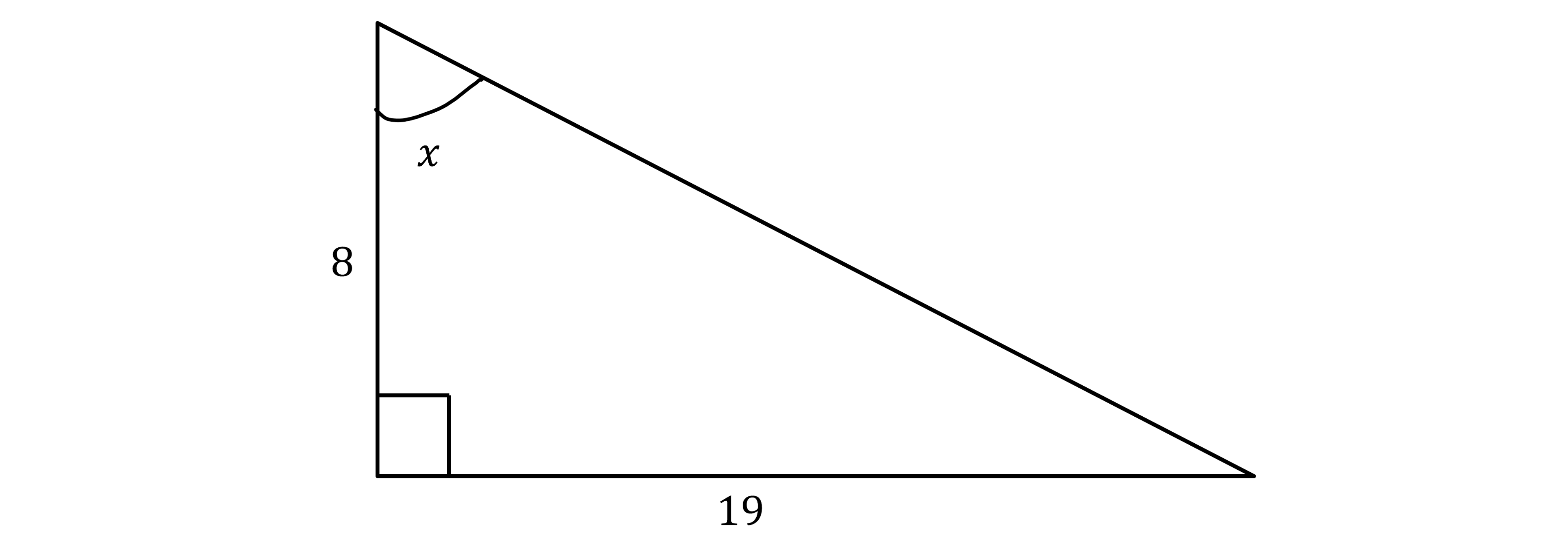 Right-angled triangle with height 8 units, base 19 units. An angle x is marked at the top left, opposite the base.