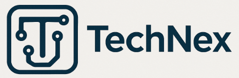 Logo of TechNex featuring a stylised circuit design forming a 'T' within a square, followed by the text 'TechNex' in bold, dark blue letters.