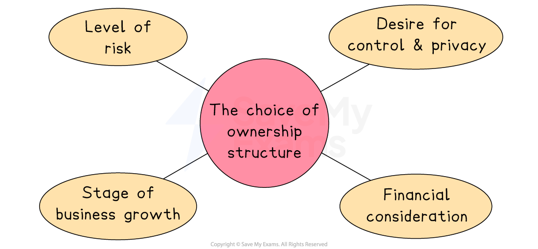 Diagram of factors in choosing ownership structure: risk level, control and privacy desire, business growth stage, and financial consideration.