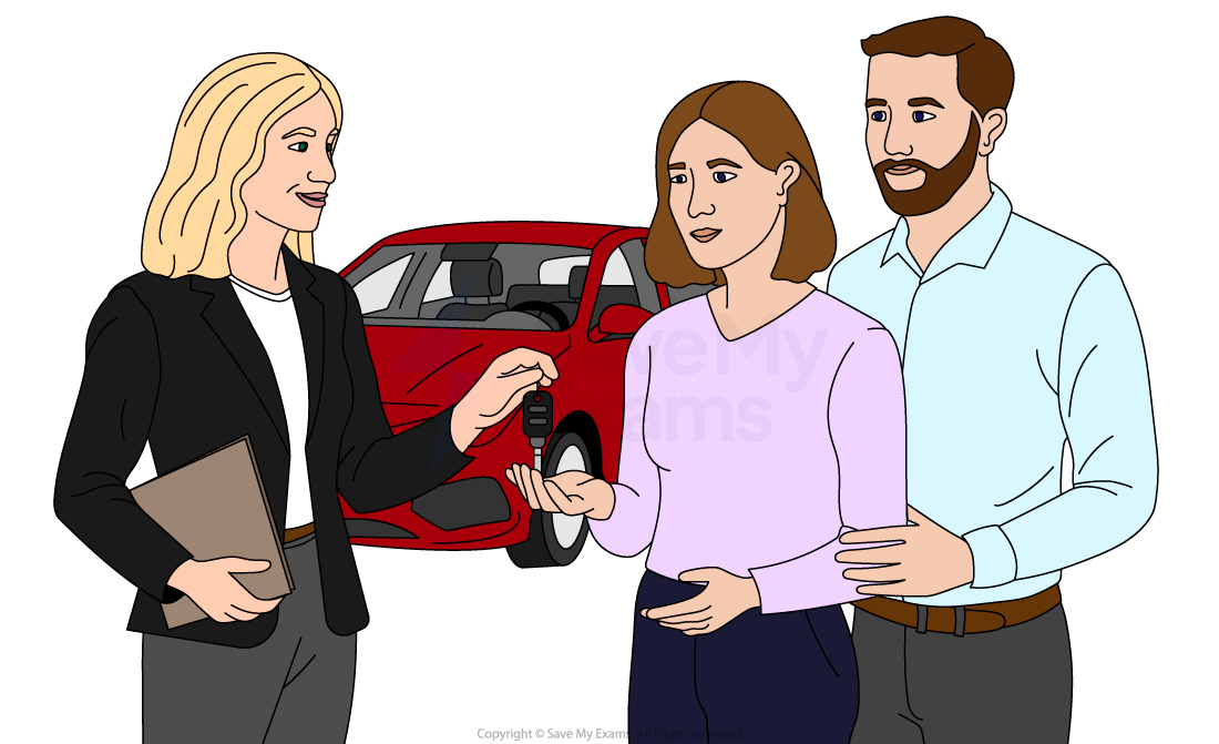 A woman hands car keys to a couple standing in front of a red car. The man embraces the woman, who reaches to accept the keys.