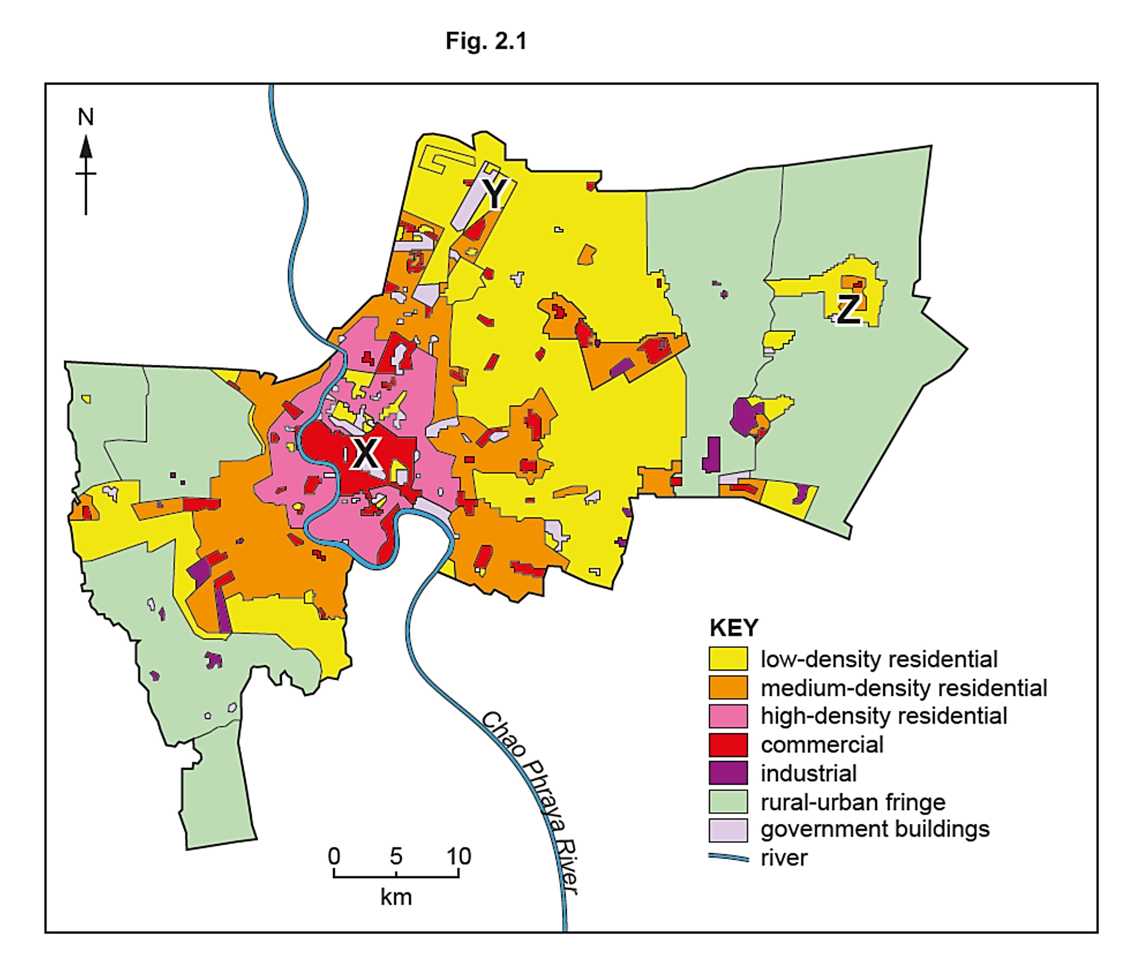 Map showing land-use zones in a city bordered by the Chao Phraya River, with areas designated for residential, commercial, industrial, and government use.