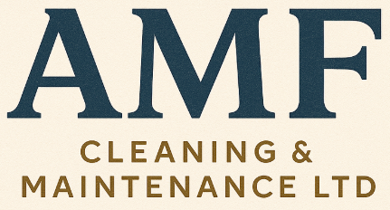 Logo with large blue letters "AMF" above the text "Cleaning & Maintenance Ltd" in gold, set against a light background.