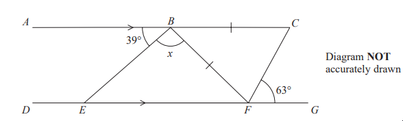 Geometric diagram shows parallel lines AB and DE with intersecting triangle BCF. Angles marked are 39° at B and 63° at F. Angle x is within triangle.