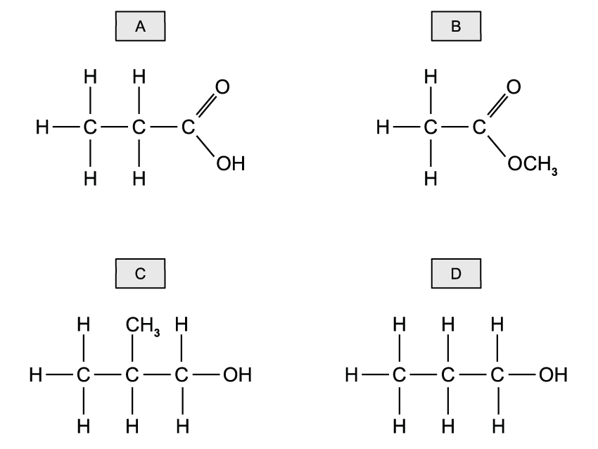 Four chemical structures labelled A, B, C, and D show various organic molecules with carbon, hydrogen, oxygen, and functional groups.