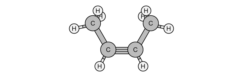 Ball and stick model of a hydrocarbon, showing in order (from left to right):
A CH3 group, a single bond, a CH group, a double bond, another CH group, a  single bond, a CH3 group.