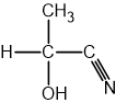Chemical structure of 2-hydroxypropanenitrile with CH3, H, and OH groups bonded to a central carbon, and a nitrile group (C≡N) bonded to an adjacent carbon.