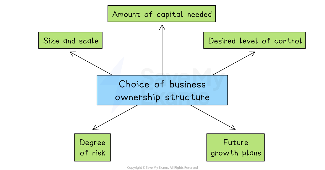 Flowchart showing factors affecting business ownership structure choice: capital needed, control level, growth plans, risk, and size.