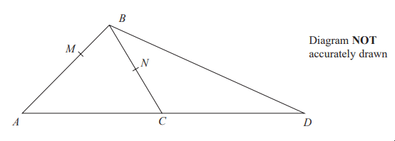 Triangle ABC with AB extended to D. Points M and N on AB and BC, respectively. Diagram not drawn to scale.