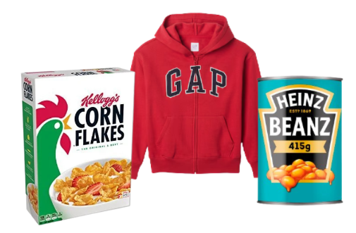 Box of Kellogg's Corn Flakes, red Gap hoodie, and can of Heinz Baked Beans, 415g, displayed side by side on a white background.