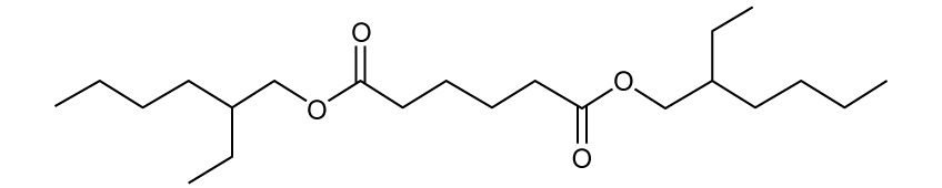 Chemical structure of bis(2-ethylhexyl) adipate, showing a long carbon chain with ester groups and branching points.