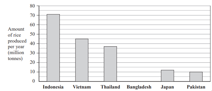 Bar graph comparing annual rice production in million tonnes: Indonesia highest, followed by Vietnam, Thailand, Bangladesh, Japan, and Pakistan.