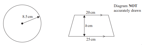 A circle with radius 8.5 cm and an adjacent trapezium with top 20 cm, bottom 25 cm, and height h. Diagram not accurately drawn.