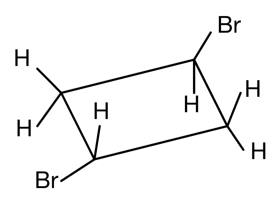Chemical structure of trans-1,2-dibromocyclohexane, showing a six-carbon ring with two bromine atoms on adjacent carbons and several hydrogen atoms.