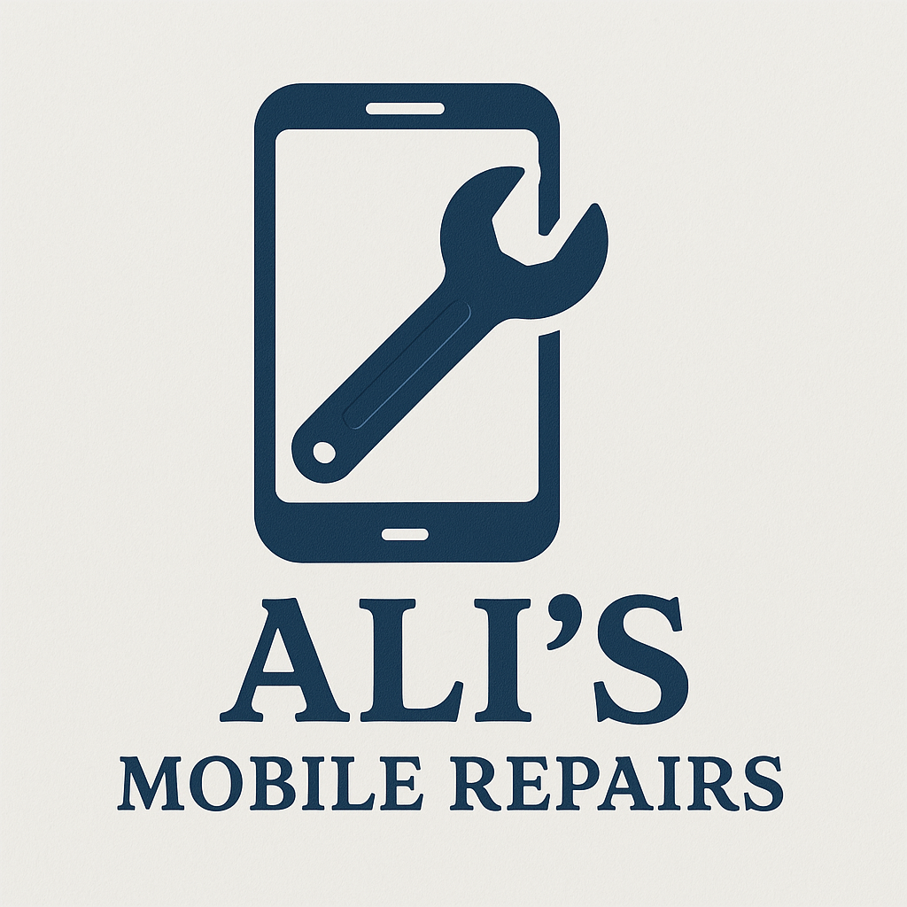 Logo featuring a smartphone silhouette with a large wrench overlapping it, accompanied by the text "Ali's Mobile Repairs" below in bold letters.