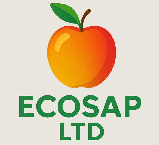 Logo with a stylised orange apple and green leaf above the text "ECOSAP LTD" in bold green letters on a beige background.