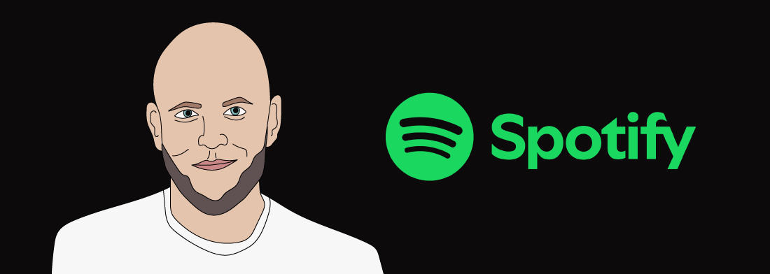 Illustration of a bald man with a beard wearing a white shirt, next to the Spotify logo in green on a black background.