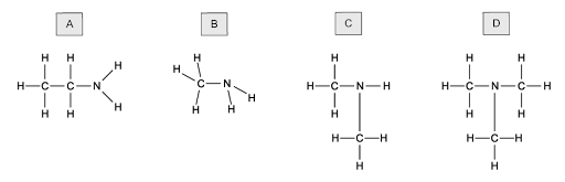 Four molecular structures labelled A to D, each with carbon, nitrogen, and hydrogen atoms arranged differently, showing various bonding configurations.