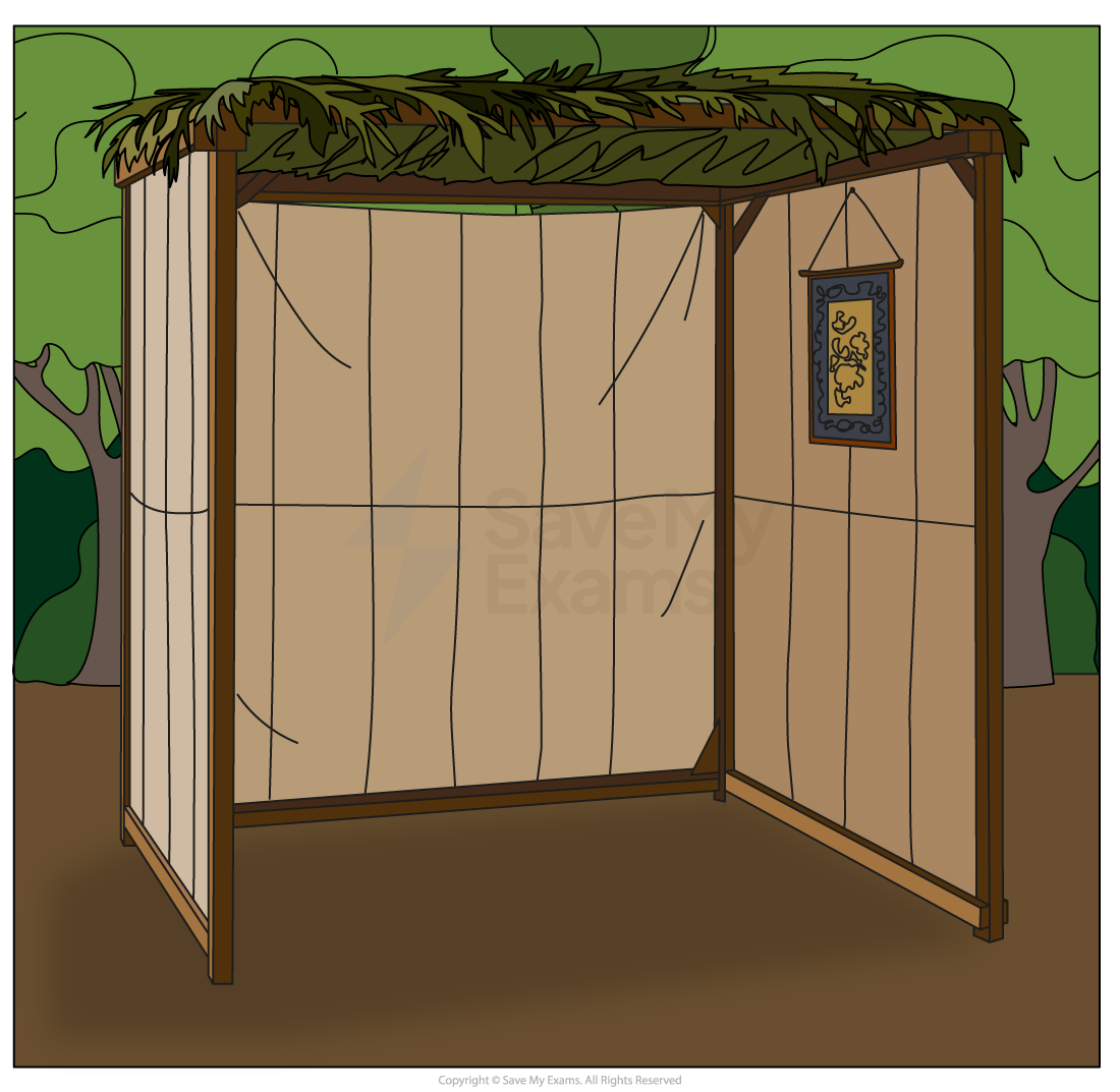 Wooden frame shelter with beige cloth walls and a thatched roof, set in a forest. A decorative wall hanging is visible on the right wall.