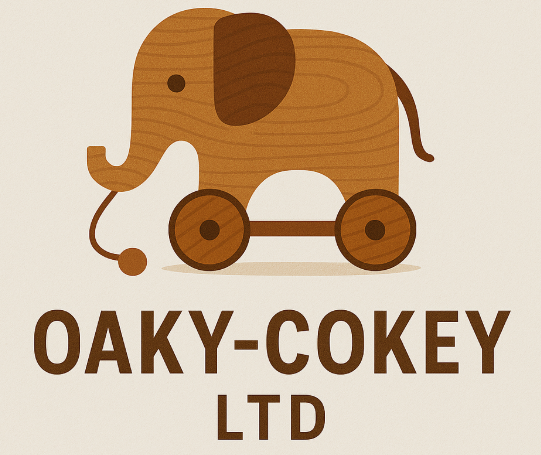 Logo of Oaky-Cokey Ltd features a wooden elephant on wheels with a string, resembling a pull toy, and the company's name below in bold brown text.