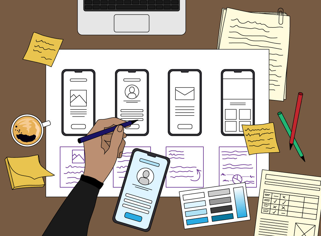 Person sketching mobile app designs on paper, surrounded by a smartphone, laptop, coffee cup, stationery, notes, and charts on a desk.