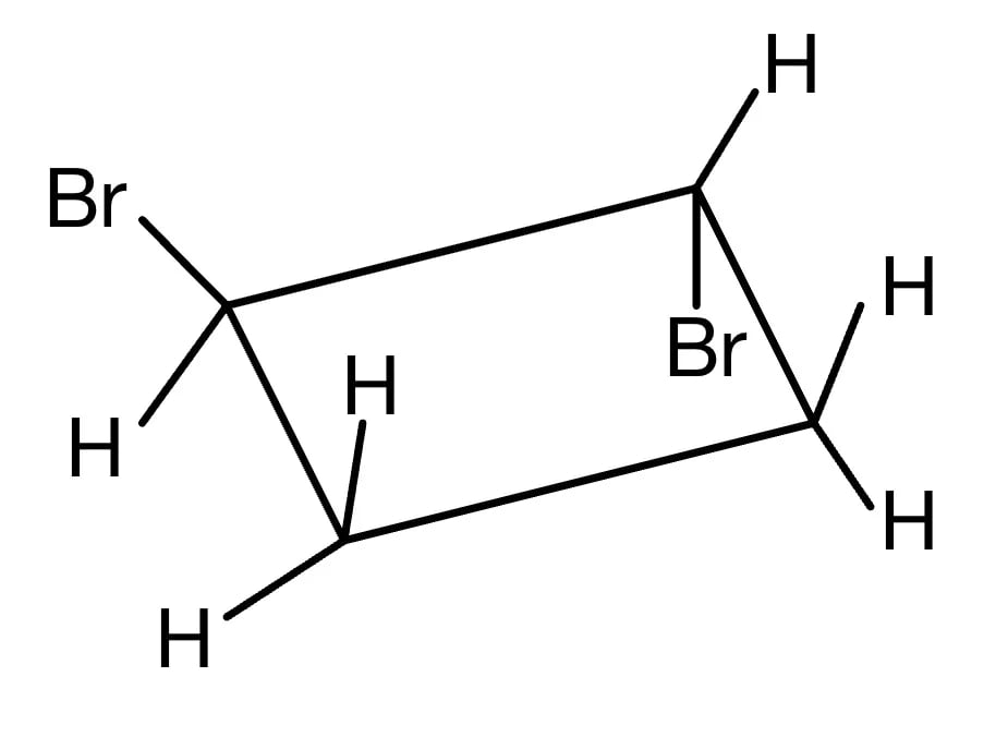 Chemical structure of dibromocyclohexane showing a hexagonal ring with two bromine atoms and multiple hydrogen atoms attached.