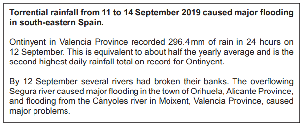 Text explains flooding in south-eastern Spain from 11-14 September 2019, highlighting heavy rainfall in Ontinyent and river flooding in Orihuela and Moixent.