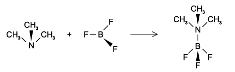 Chemical reaction diagram (option A) showing trimethylamine and boron trifluoride combining to form a complex. Arrows indicate the reaction direction.