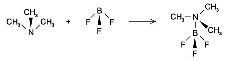 Chemical reaction diagram (option C) showing trimethylamine and boron trifluoride combining to form a complex. Arrows indicate the reaction direction.