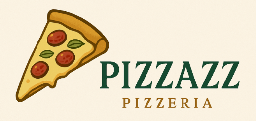 Slice of pizza with pepperoni and basil next to the text "Pizzazz Pizzeria" on a light background, suggesting a restaurant logo.