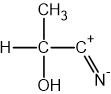 Chemical structure of 2-hydroxypropanenitrile, H3C-C(OH)(H)-C≡N, with a positive charge on the CN group carbon and a negative charge on the nitrogen atom.