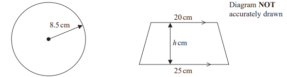 A circle with an 8.5cm radius and a trapezium with a 20cm top, 25cm base, and height h cm. Note: Diagram not accurately drawn.