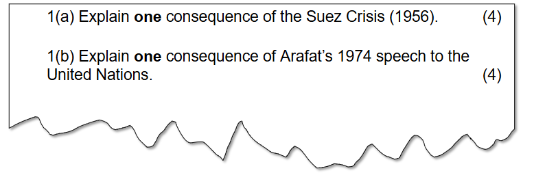 Exam questions ask to explain one consequence of the 1956 Suez Crisis and one consequence of Arafat’s 1974 speech to the United Nations.
