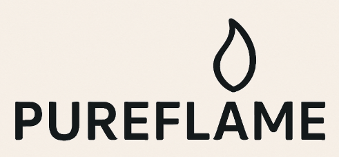 Logo with the word "PUREFLAME" in bold, uppercase black letters. Above the text is a simple black outline of a flame on a light beige background.