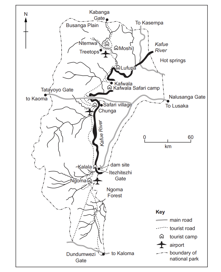 Map of Kafue National Park showing tourist camps, roads, and gates. Includes Kafue River, Ngoma Forest, and proximity to Lusaka and Kasempa.