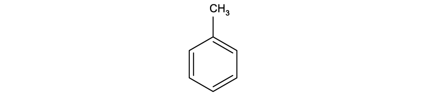 Chemical structure of toluene, showing a hexagonal benzene ring with three alternating double bonds and a methyl group (CH3) attached.