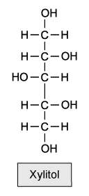 Chemical structure of xylitol showing a chain of five carbon atoms, each bonded to hydroxyl groups, with the name "Xylitol" labelled below.