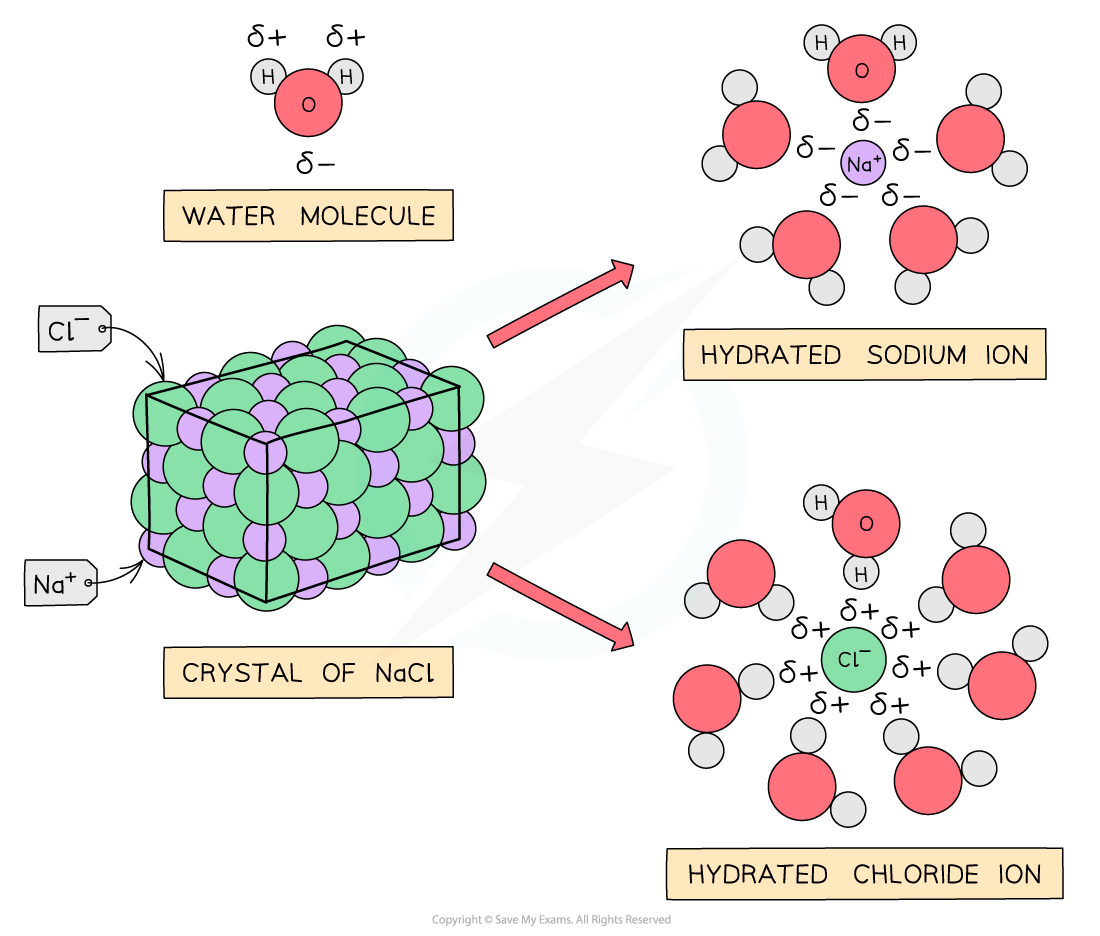 Diagram showing a water molecule, NaCl crystal, a hydrated sodium ion with surrounding water molecules, and a hydrated chloride ion.