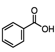 Chemical structure of benzoic acid, showing a benzene ring connected to a carboxyl group (COOH) with a double-bonded oxygen atom.