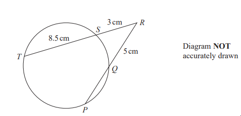 Circle with points T, P, Q on its edge. Line TR is tangent at T, RS is 3 cm, SQ is 5 cm, and TS is 8.5 cm. Diagram states not accurately drawn.