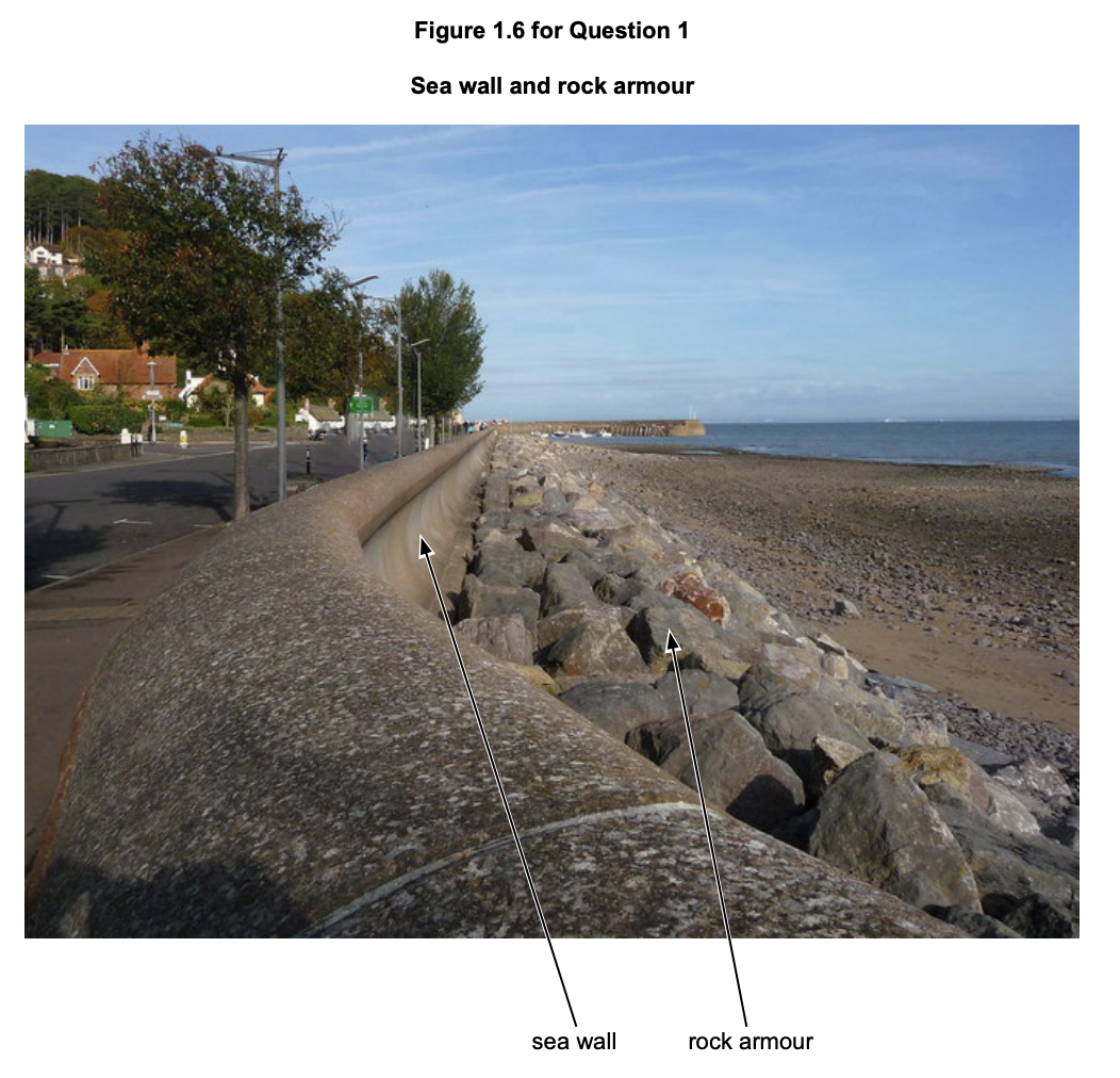 Coastal scene with a curved sea wall beside a road on the left and rock armour protecting a sandy beach on the right under a clear blue sky.