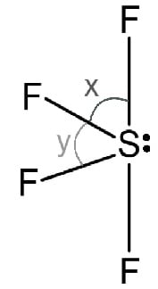 Structural diagram of sulphur tetrafluoride (SF4) molecule showing sulphur bonded to four fluorine atoms with angles x and y marked.