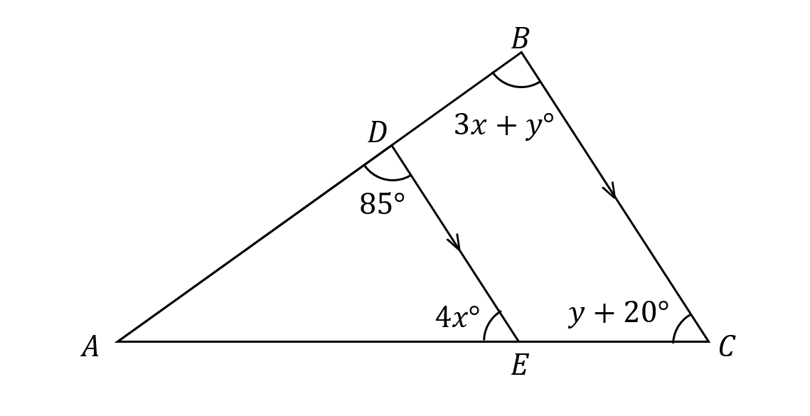 Geometric diagram with triangles ADE and BEC. Angles: ADE 85°, B 3x+y°, E 4x°, C y+20°. Angles are marked with arcs.