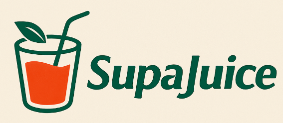 Logo of SupaJuice featuring a glass with orange juice, a green straw, and a leaf, alongside the brand name in bold green letters.