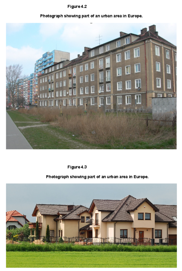 Top image shows a row of aged, multi-storey apartment blocks beside an overgrown field and a pathway. Bottom image depicts modern suburban houses with gardens.