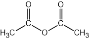Structural formula of ethanoic anhydride, featuring two acetyl groups connected by an oxygen atom, with each acetyl group bonded to a methyl group.