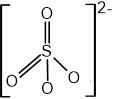 Structural formula of a sulphate ion, SO4^2-, showing a sulphur atom bonded to four oxygen atoms, bracketed with charge.