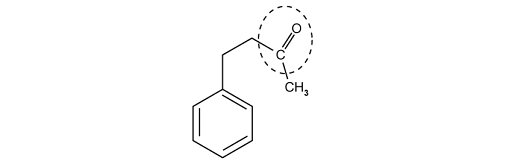 Chemical structure of phenylacetone with a benzene ring connected to a two-carbon chain ending in a carbonyl group, circled with dashed lines.