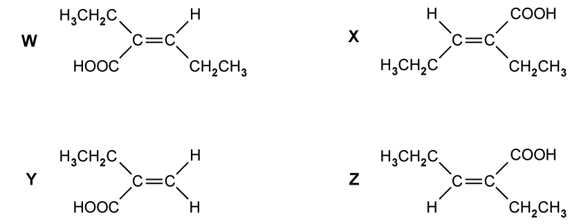 Structural formulas of four molecules labelled W, X, Y, Z, with variations of butenoic acid structures showing different configurations of carboxyl groups.