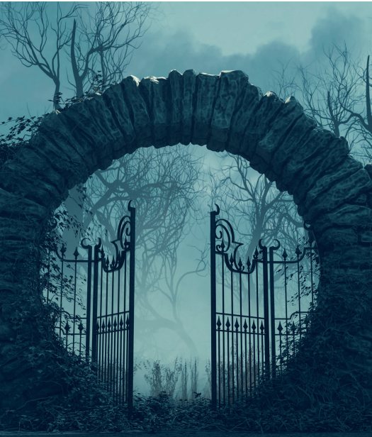 Stone archway with wrought iron gates ajar, surrounded by mist and bare trees, creating a mysterious, eerie atmosphere.