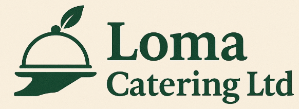 Logo for Loma Catering Ltd featuring a green cloche with a leaf on top and the company name in green font on a light beige background.